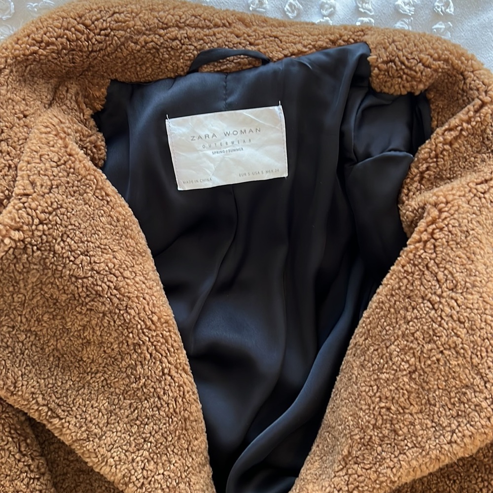 Dark Caramel Brown Women’s Long Teddy Coat Zara Size Small - Picture 4 of 4